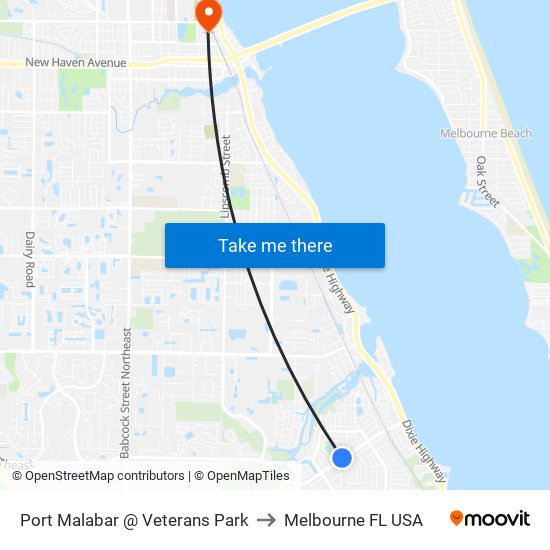 Port Malabar @ Veterans Park to Melbourne FL USA map
