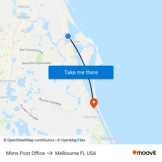 Mims Post Office to Melbourne FL USA map