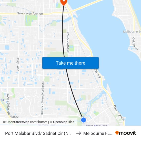 Port Malabar Blvd/ Sadnet Cir (Nw Corner) to Melbourne FL USA map