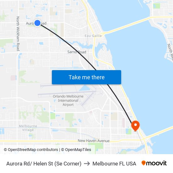 Aurora Rd/ Helen St (Se Corner) to Melbourne FL USA map