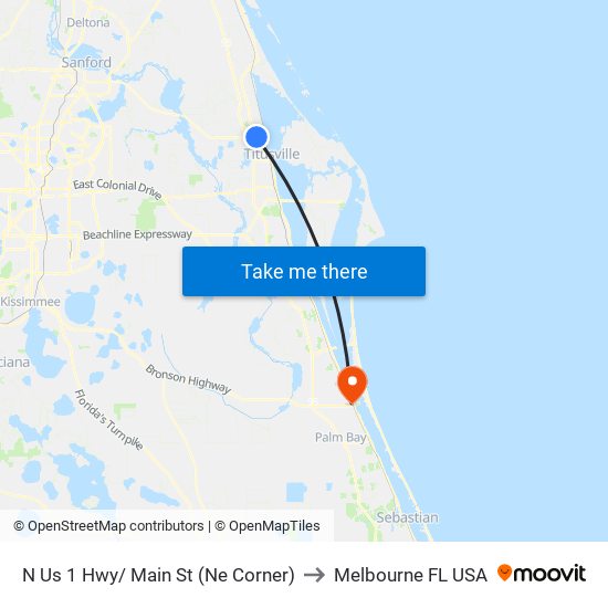 N Us 1 Hwy/ Main St (Ne Corner) to Melbourne FL USA map