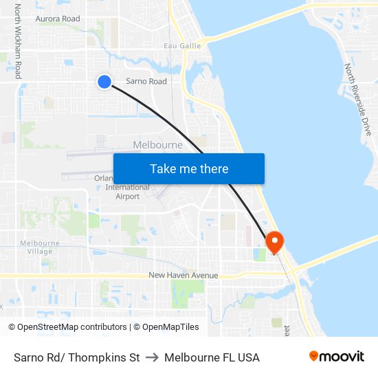 Sarno Rd/ Thompkins St to Melbourne FL USA map