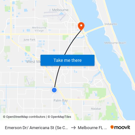 Emerson Dr/ Americana St (Se Corner) to Melbourne FL USA map