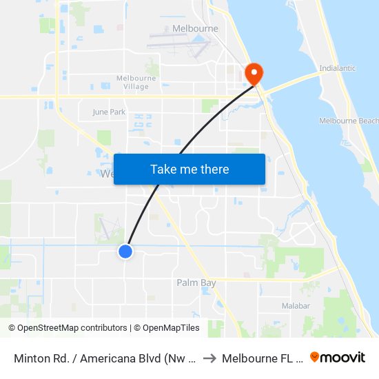 Minton Rd. / Americana Blvd (Nw Corner) to Melbourne FL USA map