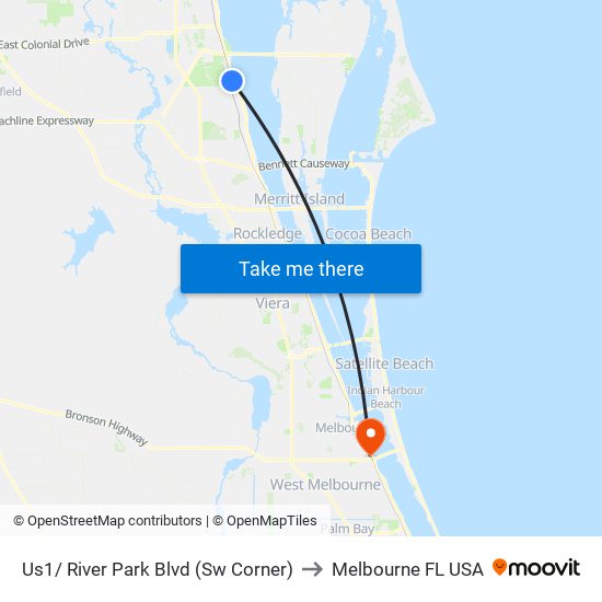 Us1/ River Park Blvd (Sw Corner) to Melbourne FL USA map