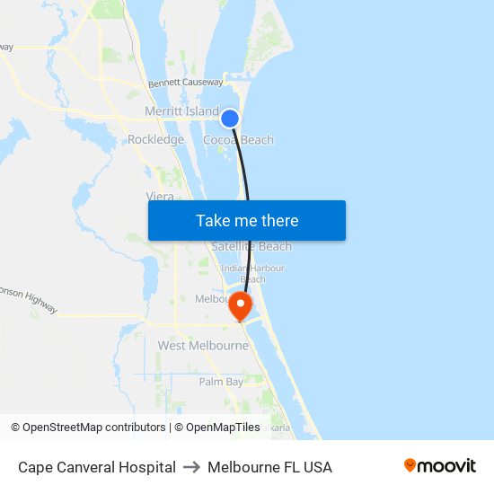 Cape Canveral Hospital to Melbourne FL USA map