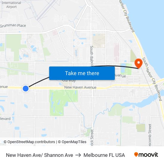 New Haven Ave/ Shannon Ave to Melbourne FL USA map