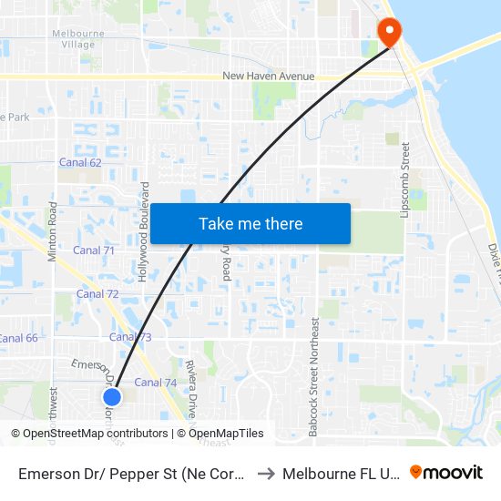 Emerson Dr/ Pepper St (Ne Corner) to Melbourne FL USA map