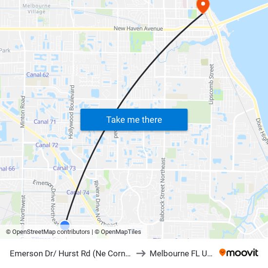 Emerson Dr/ Hurst Rd (Ne Corner) to Melbourne FL USA map