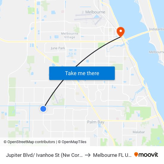 Jupiter Blvd/ Ivanhoe St (Nw Corner) to Melbourne FL USA map