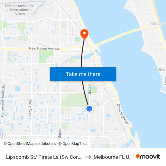 Lipscomb St/ Pirate La (Sw Corner) to Melbourne FL USA map