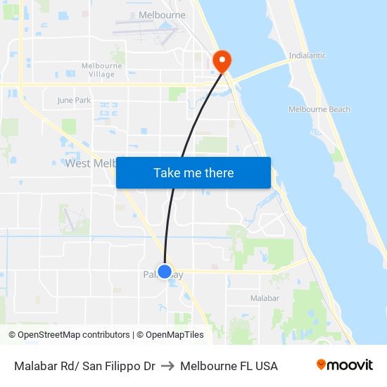 Malabar Rd/ San Filippo Dr to Melbourne FL USA map