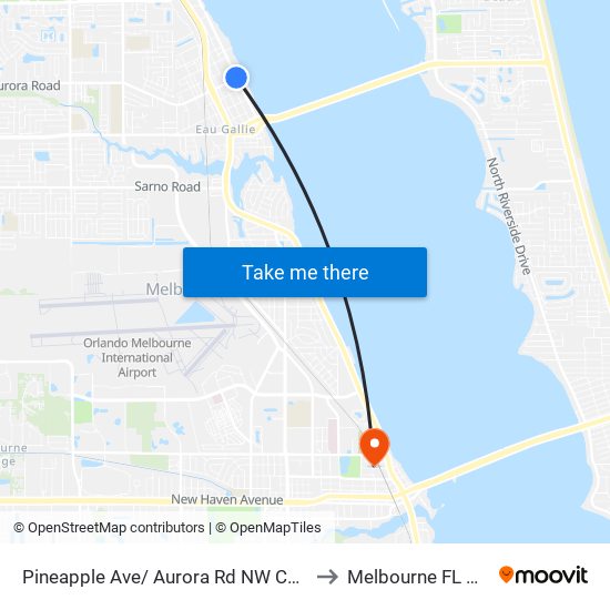 Pineapple Ave/ Aurora Rd NW Corner to Melbourne FL USA map