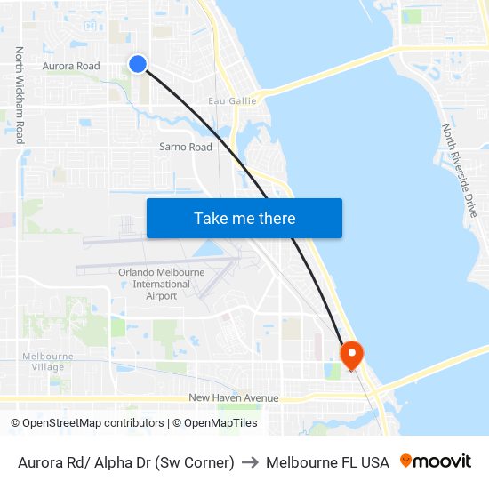 Aurora Rd/ Alpha Dr (Sw Corner) to Melbourne FL USA map