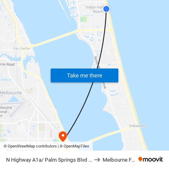 N Highway A1a/ Palm Springs Blvd (Nw Corner) to Melbourne FL USA map