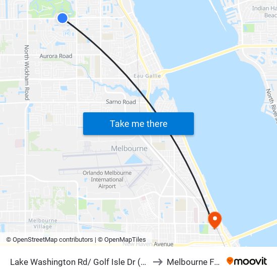 Lake Washington Rd/ Golf Isle Dr (Nw Corner) to Melbourne FL USA map