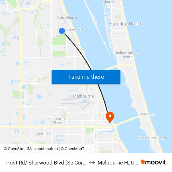 Post Rd/ Sherwood Blvd (Se Corner) to Melbourne FL USA map