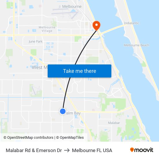 Malabar Rd & Emerson Dr to Melbourne FL USA map