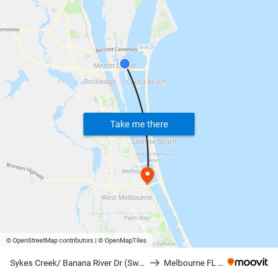 Sykes Creek/ Banana River Dr (Sw Corner) to Melbourne FL USA map