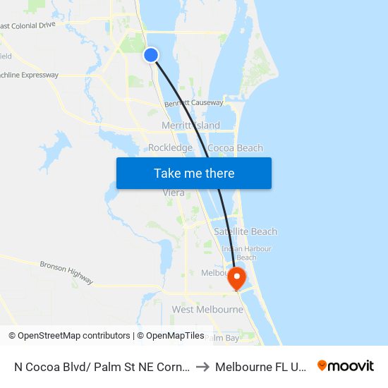 N Cocoa Blvd/ Palm St NE Corner to Melbourne FL USA map