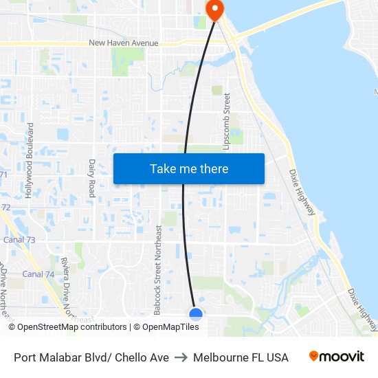 Port Malabar Blvd/ Chello Ave to Melbourne FL USA map