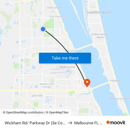 Wickham Rd/ Parkway Dr (Se Corner) to Melbourne FL USA map