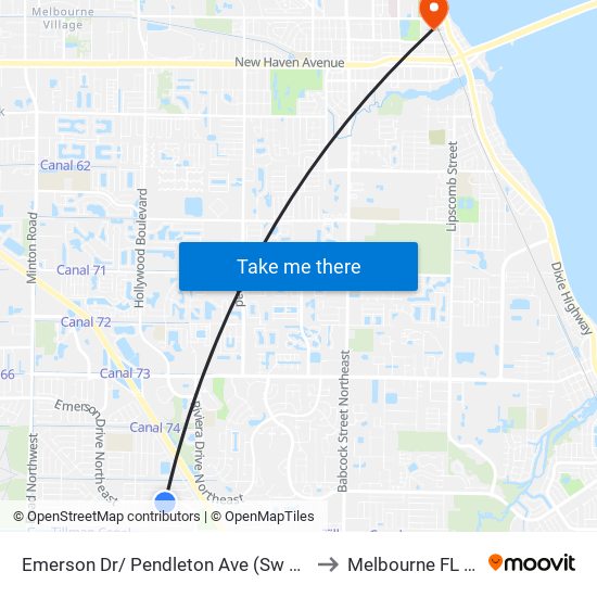 Emerson Dr/ Pendleton Ave (Sw Corner) to Melbourne FL USA map