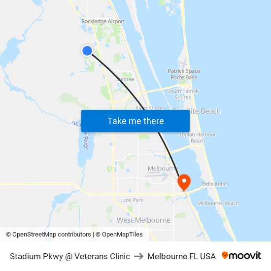 Stadium Pkwy @ Veterans Clinic to Melbourne FL USA map