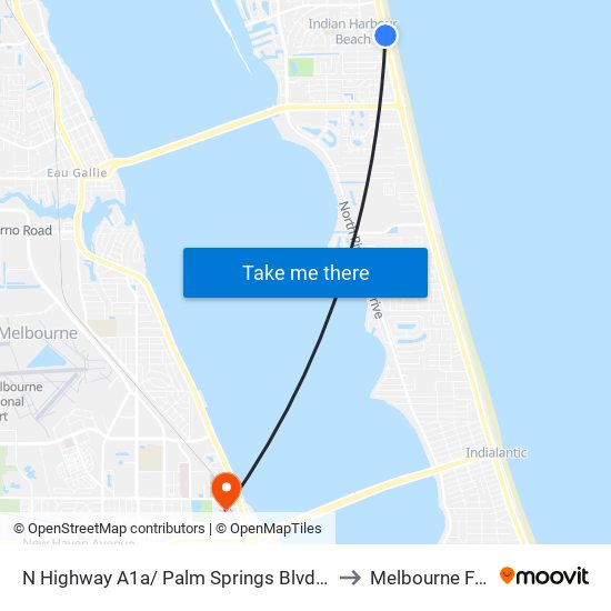 N Highway A1a/ Palm Springs Blvd (Se Corner) to Melbourne FL USA map