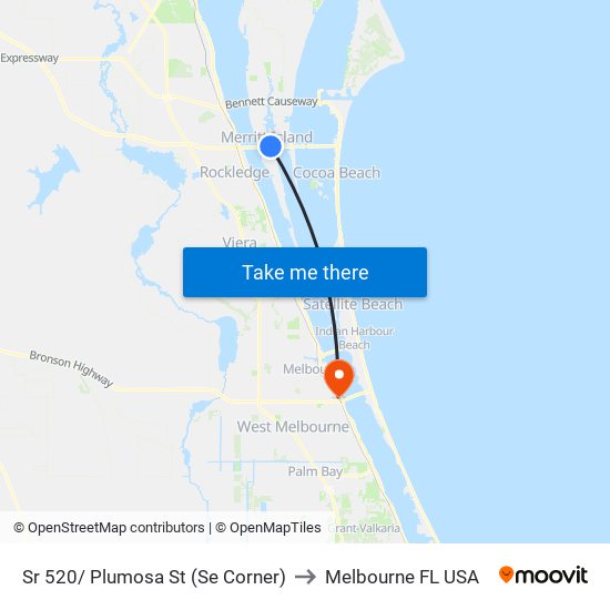 Sr 520/ Plumosa St (Se Corner) to Melbourne FL USA map