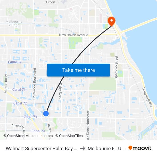 Walmart Supercenter Palm Bay Rd to Melbourne FL USA map