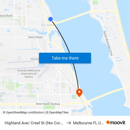 Highland Ave/ Creel St (Nw Corner) to Melbourne FL USA map