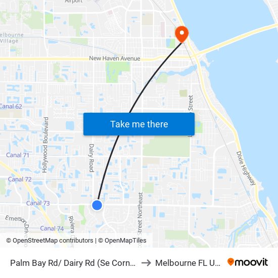 Palm Bay Rd/ Dairy Rd (Se Corner) to Melbourne FL USA map