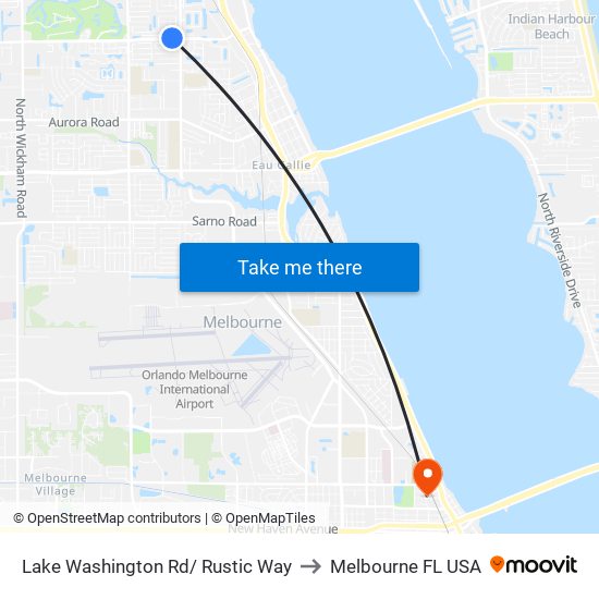 Lake Washington Rd/ Rustic Way to Melbourne FL USA map