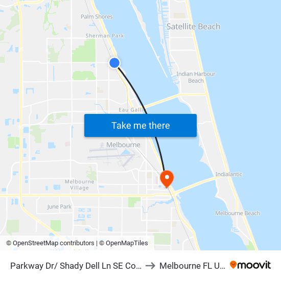 Parkway Dr/ Shady Dell Ln SE Corner to Melbourne FL USA map