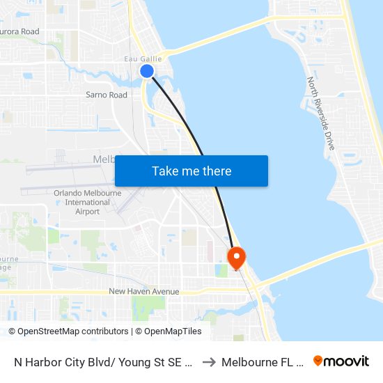 N Harbor City Blvd/ Young St SE Corner to Melbourne FL USA map