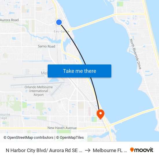 N Harbor City Blvd/ Aurora Rd SE Corner to Melbourne FL USA map