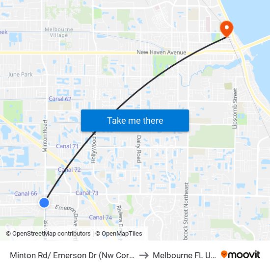 Minton Rd/ Emerson Dr (Nw Corner) to Melbourne FL USA map