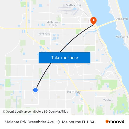 Malabar Rd/ Greenbrier Ave to Melbourne FL USA map