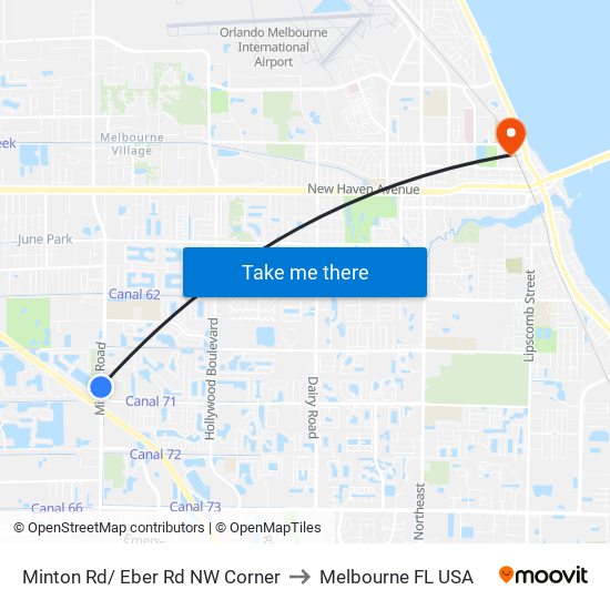 Minton Rd/ Eber Rd NW Corner to Melbourne FL USA map
