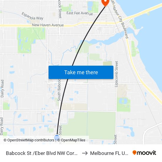 Babcock St /Eber Blvd NW Corner to Melbourne FL USA map