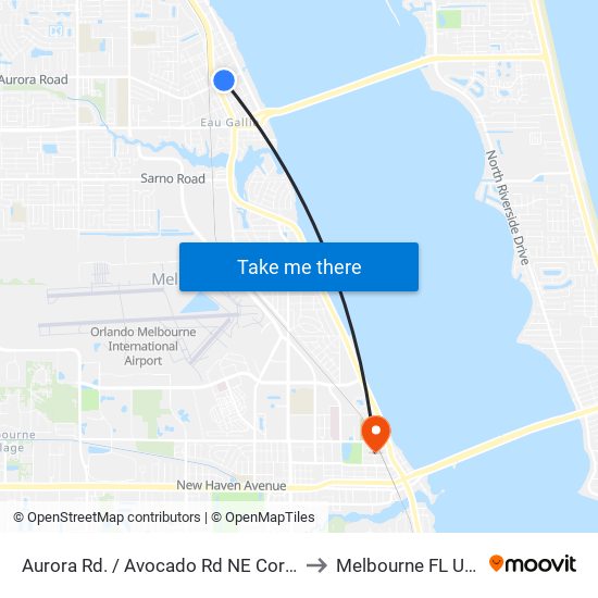 Aurora Rd. / Avocado Rd NE Corner to Melbourne FL USA map