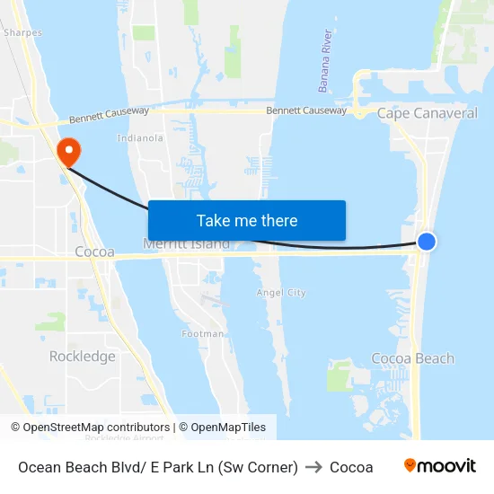 Ocean Beach Blvd/ E Park Ln (Sw Corner) to Cocoa map