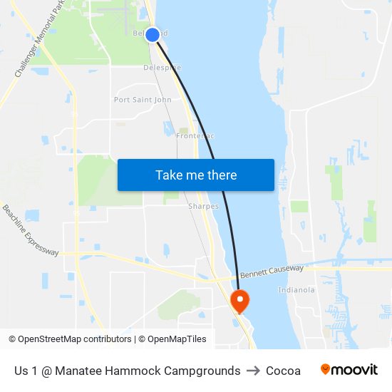 Us 1 @ Manatee Hammock Campgrounds to Cocoa map