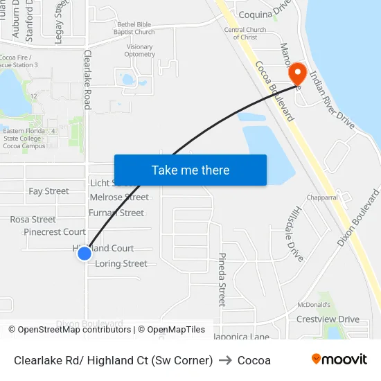 Clearlake Rd/ Highland Ct (Sw Corner) to Cocoa map