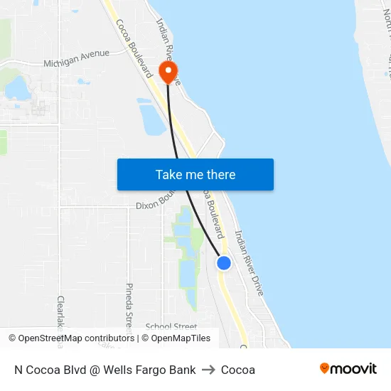 N Cocoa Blvd @ Wells Fargo Bank to Cocoa map