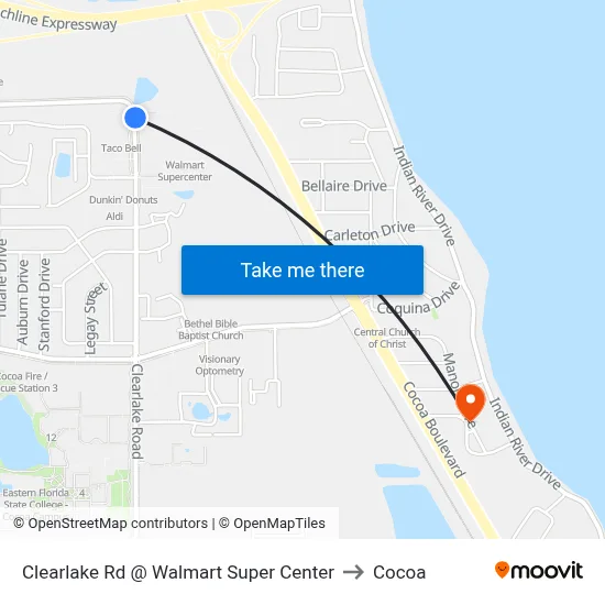 Clearlake Rd @ Walmart Super Center to Cocoa map