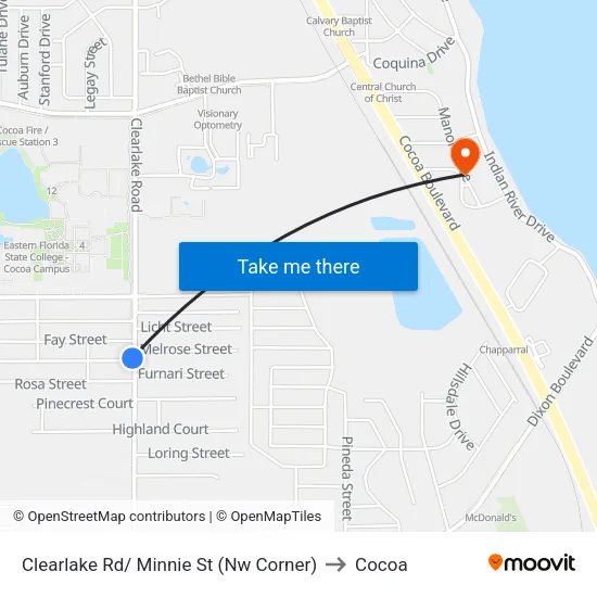 Clearlake Rd/ Minnie St (Nw Corner) to Cocoa map