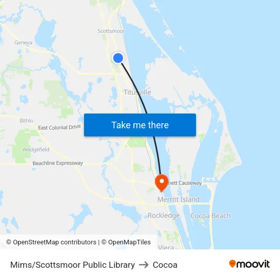 Mims/Scottsmoor Public Library to Cocoa map