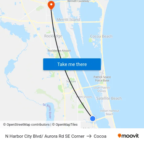 N Harbor City Blvd/ Aurora Rd SE Corner to Cocoa map